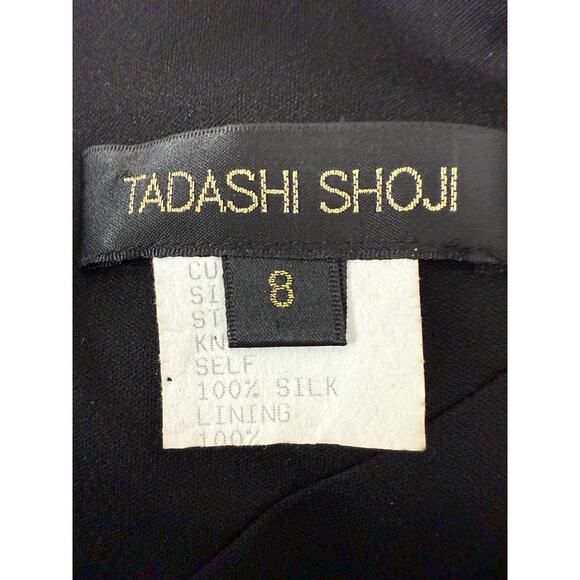 Tadashi Shoji Size 8 Silk V Neck Knee Length Sheath Dress Black Sleeveless Zip - Picture 9 of 11